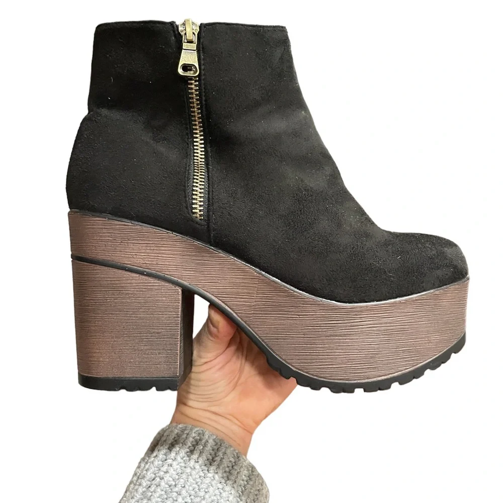 Black vegan suede platform ankle boots with gold zipper, light weight & comfy. - Picture 7 of 7